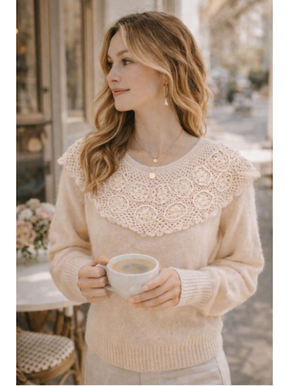 VTG Crochet Collar Sweater Beaded Floral Silk Angora Cream Romantic Cottagecore